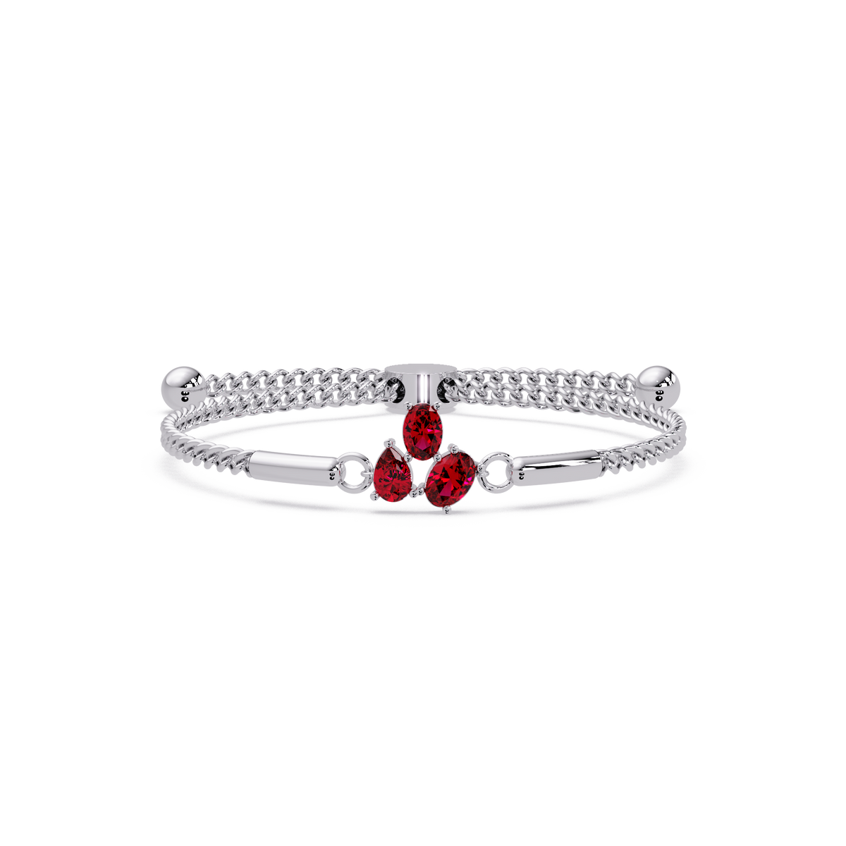 Three-stone pear and oval colorstone hinged bangle in white gold with red stones