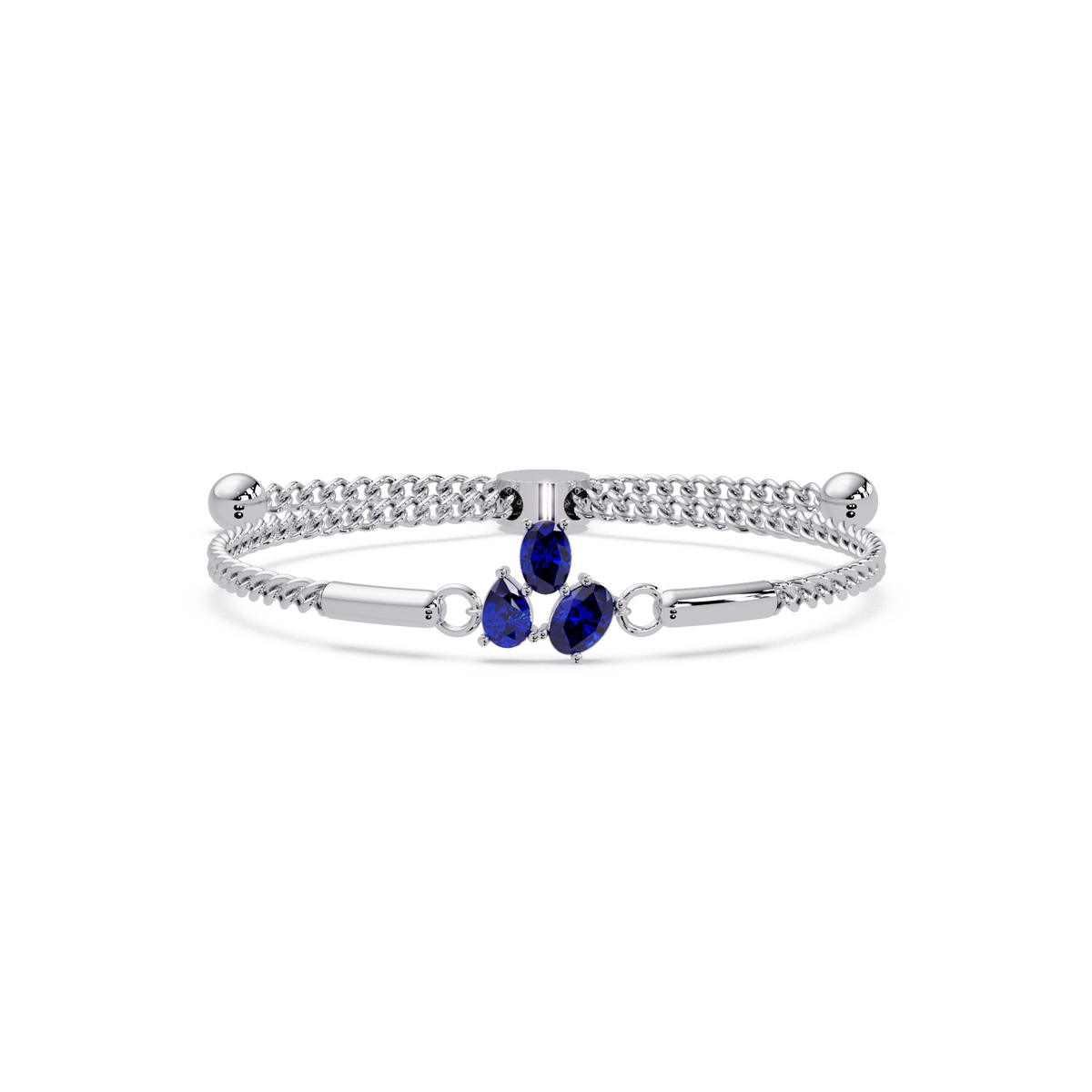 Three-stone pear and oval colorstone hinged bangle in white gold with sapphire stones