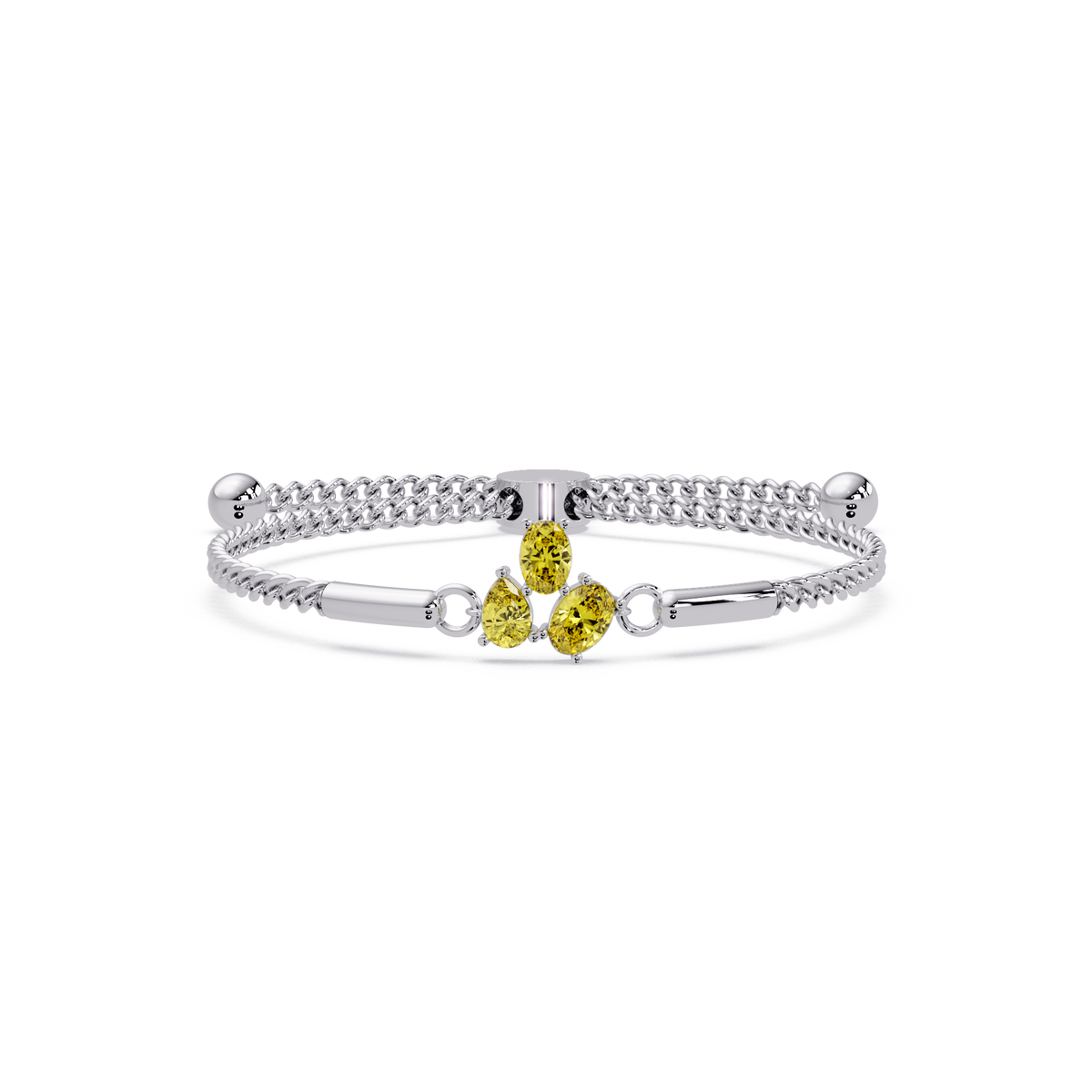 Three-stone pear and oval colorstone hinged bangle in white gold with yellow stones