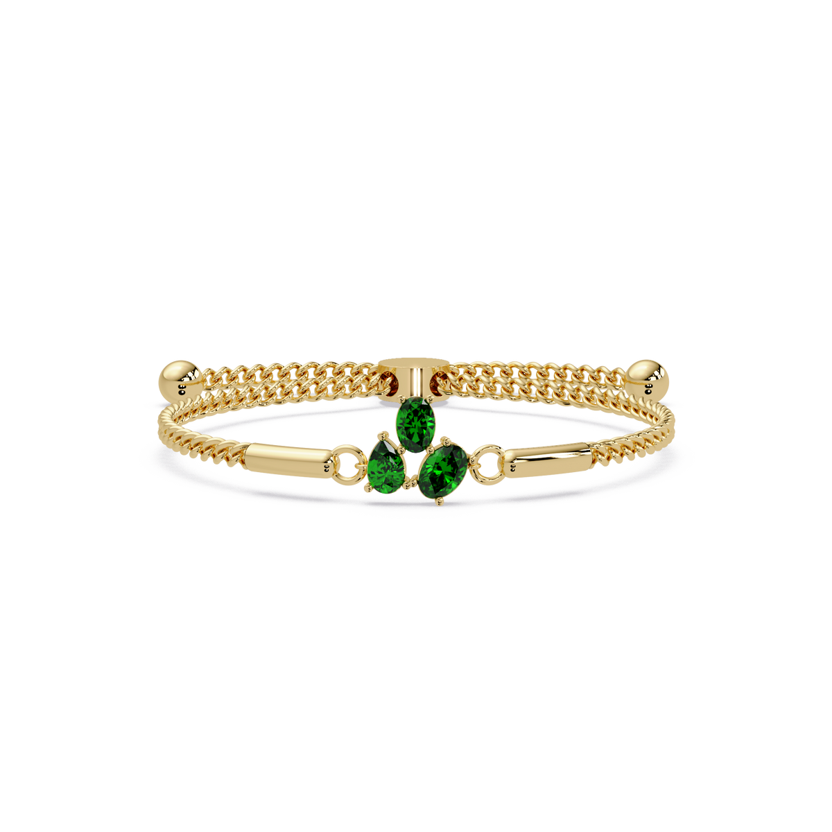 Three-stone pear and oval colorstone hinged bangle in yellow gold with green stones