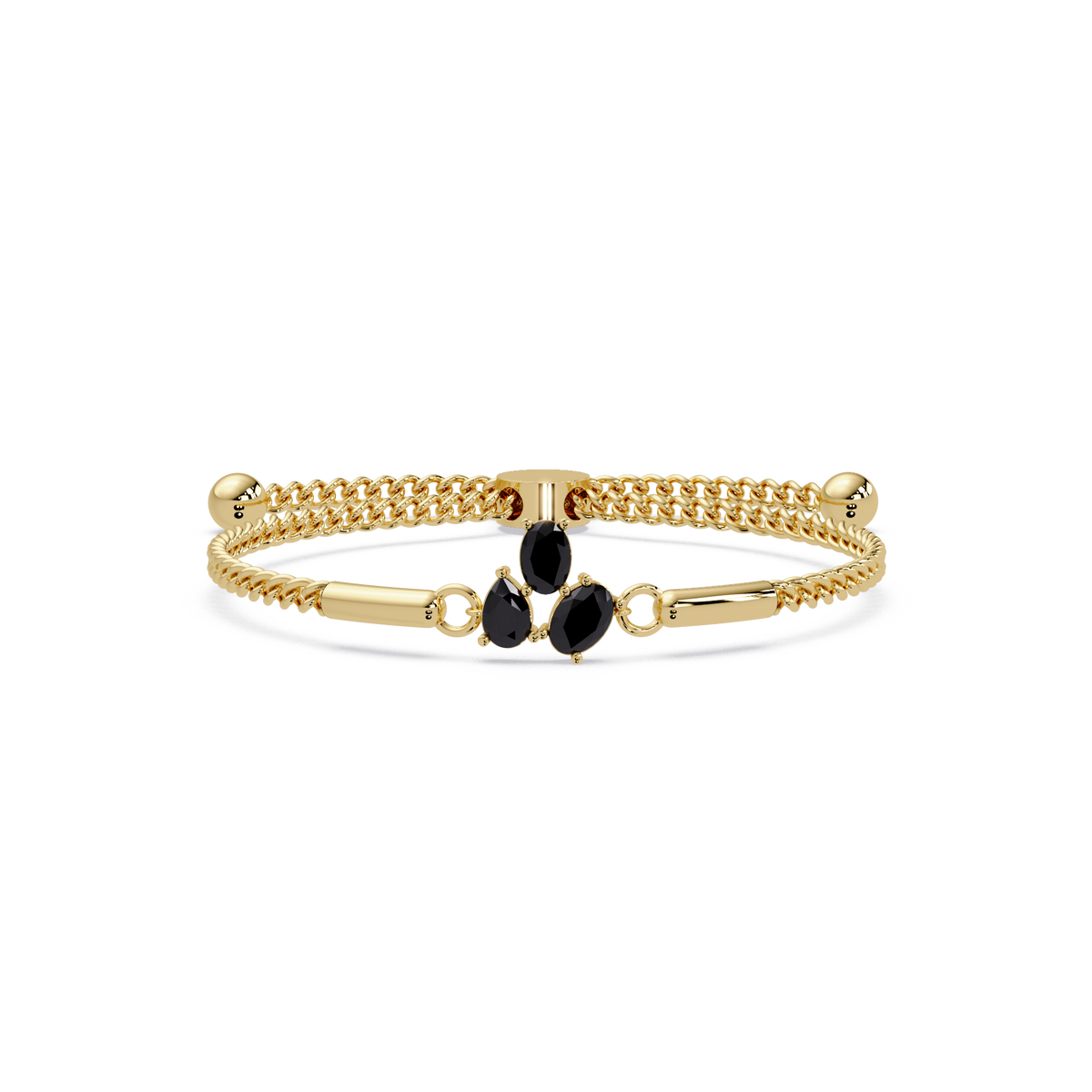 Three-stone pear and oval colorstone hinged bangle in yellow gold with onyx stones