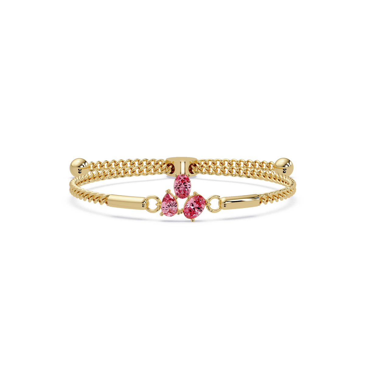 Three-stone pear and oval colorstone hinged bangle in yellow gold with pink stones
