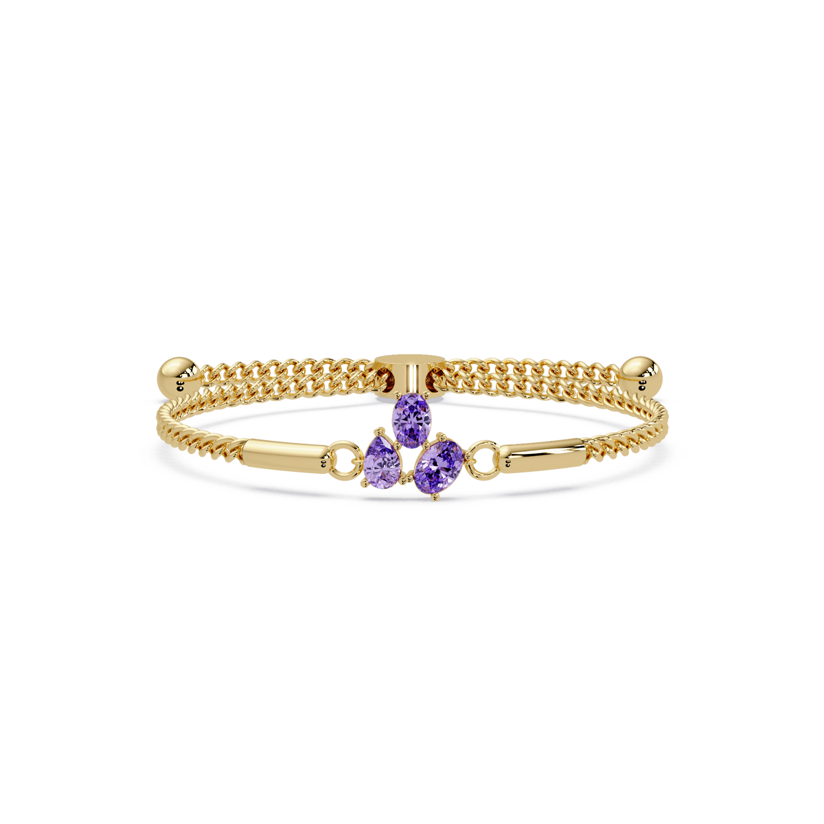 Three-stone pear and oval colorstone hinged bangle in yellow gold with purple stones