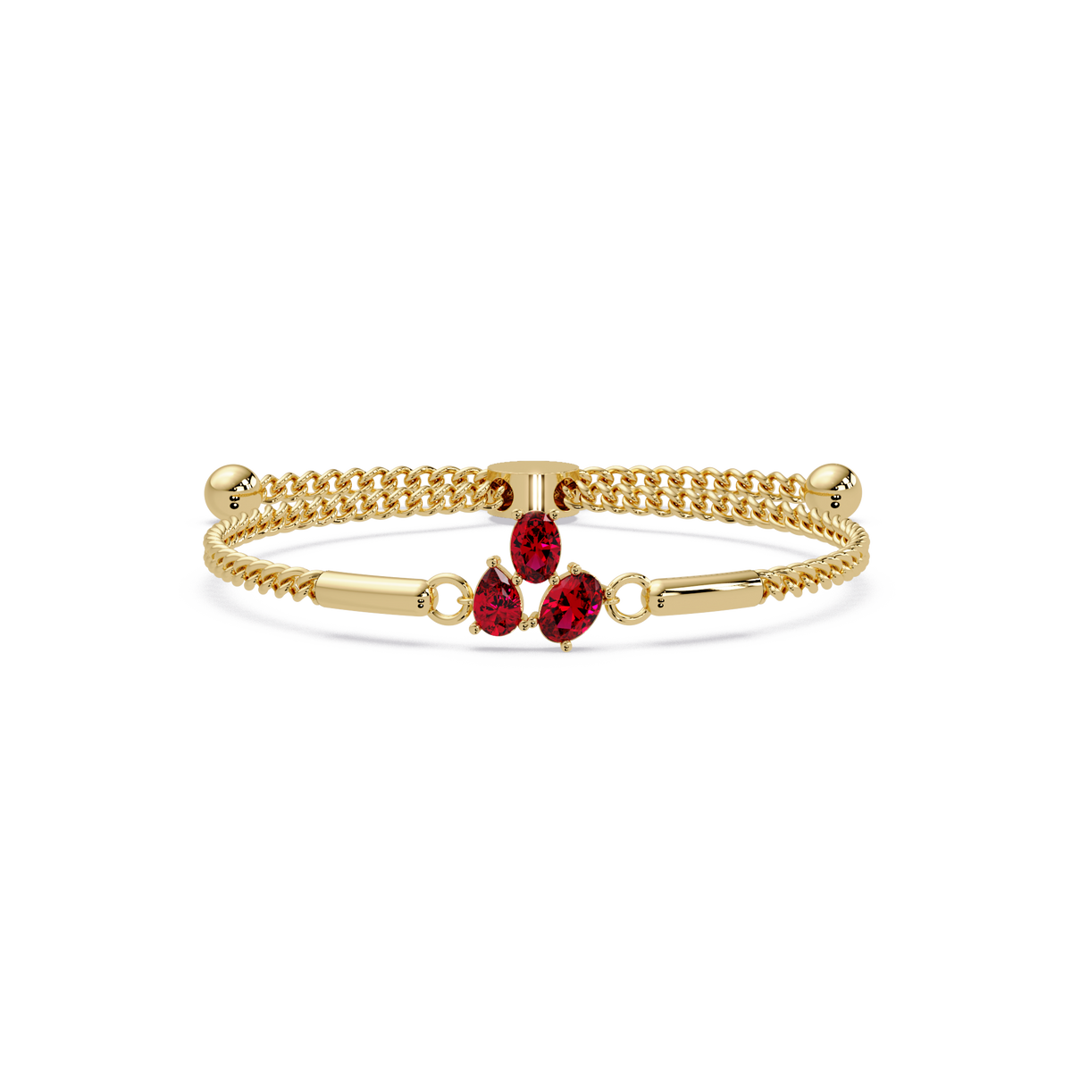 Three-stone pear and oval colorstone hinged bangle in yellow gold with red stones