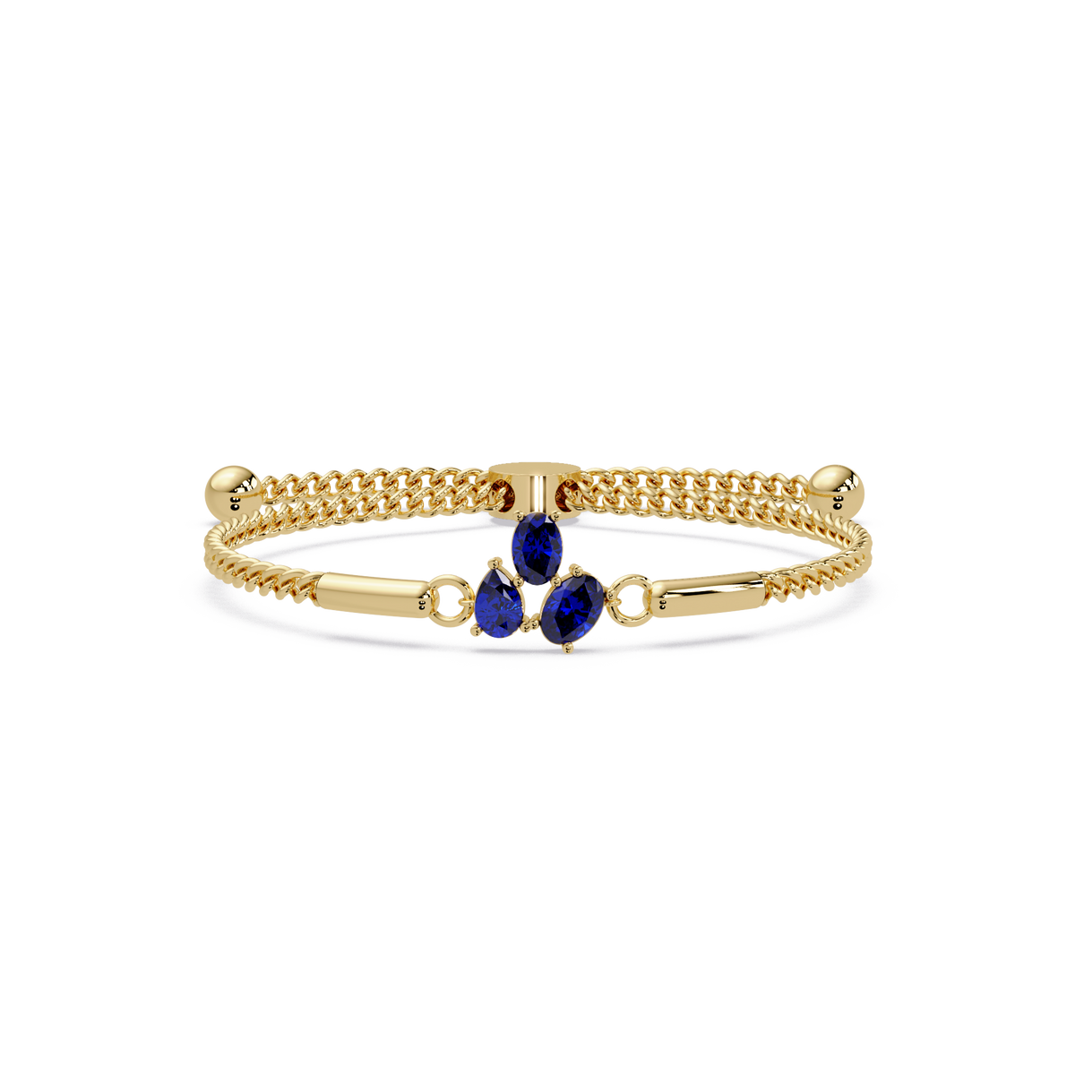 Three-stone pear and oval colorstone hinged bangle in yellow gold with sapphire stones