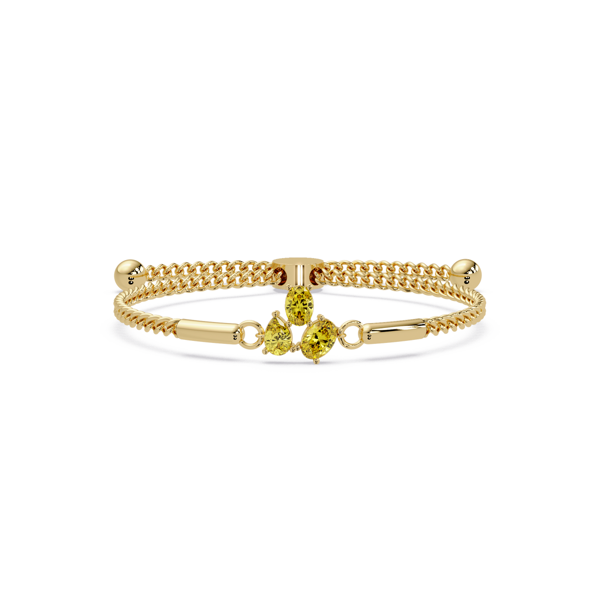 Three-stone pear and oval colorstone hinged bangle in yellow gold with yellow stones
