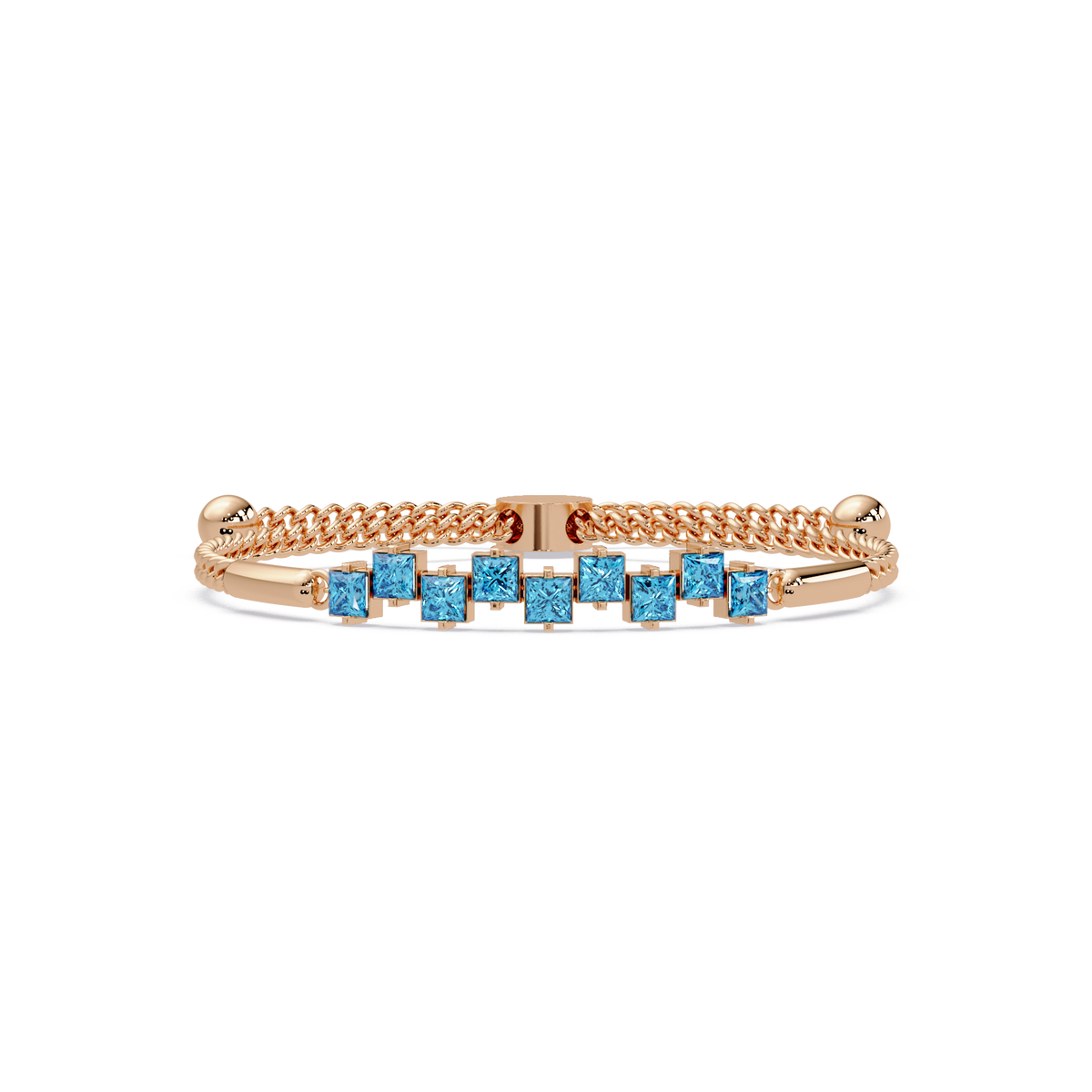Nine princess-cut aquamarine colorstones in a rose gold chain-accent cuff bracelet