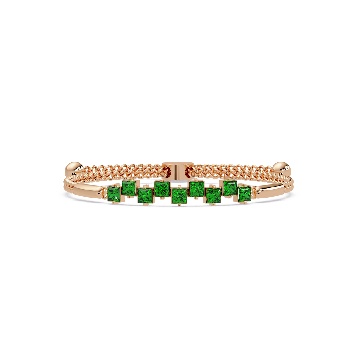 Nine princess-cut green colorstones in a rose gold chain-accent cuff bracelet