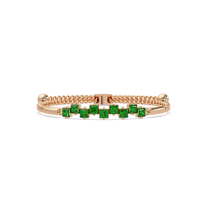 Nine princess-cut green colorstones in a rose gold chain-accent cuff bracelet