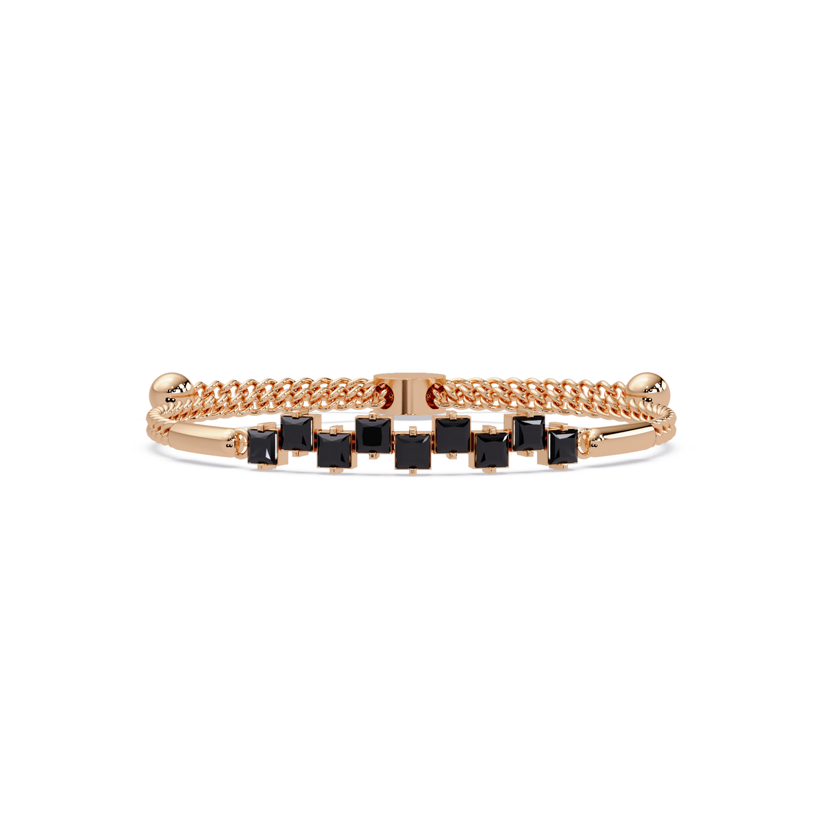 Nine princess-cut onyx colorstones in a rose gold chain-accent cuff bracelet