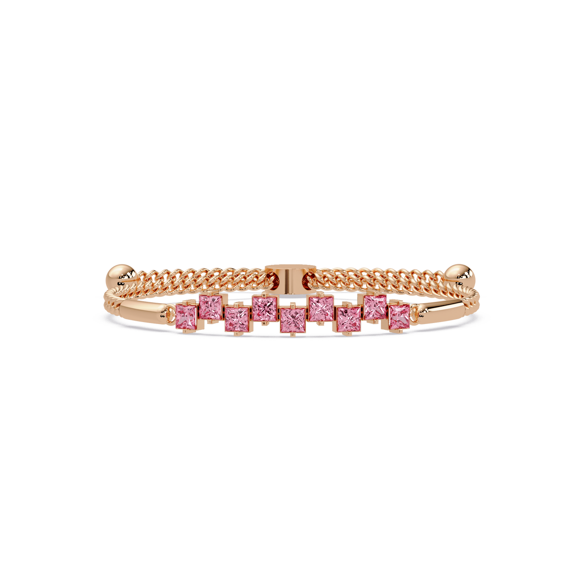 Nine princess-cut pink colorstones in a rose gold chain-accent cuff bracelet
