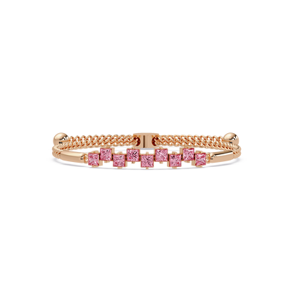 Nine princess-cut pink colorstones in a rose gold chain-accent cuff bracelet