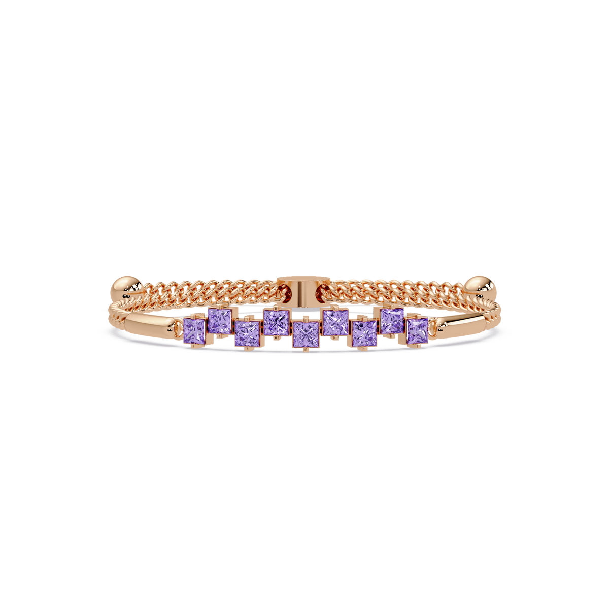 Nine princess-cut purple colorstones in a rose gold chain-accent cuff bracelet