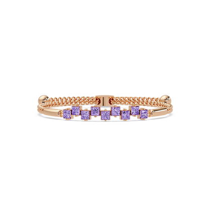 Nine princess-cut purple colorstones in a rose gold chain-accent cuff bracelet
