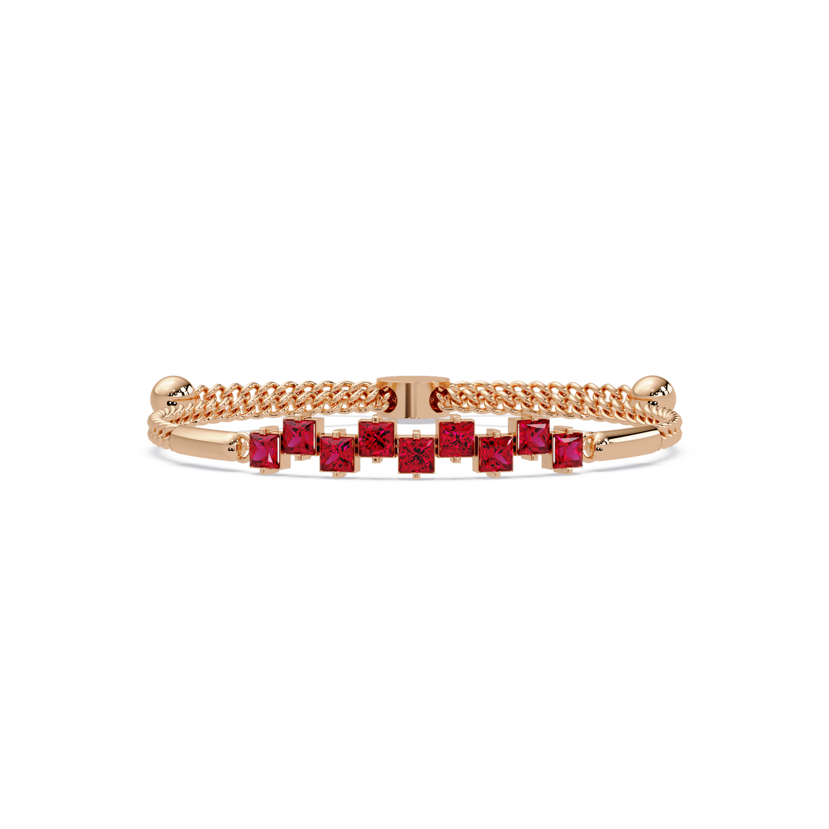 Nine princess-cut red colorstones in a rose gold chain-accent cuff bracelet
