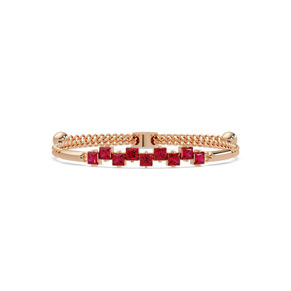 Nine princess-cut red colorstones in a rose gold chain-accent cuff bracelet