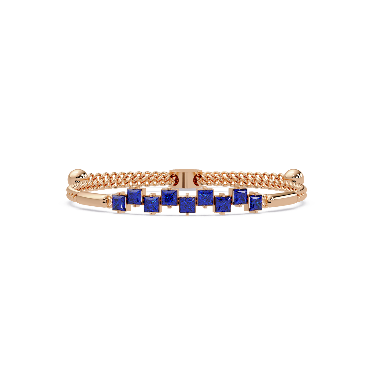 Nine princess-cut sapphire colorstones in a rose gold chain-accent cuff bracelet
