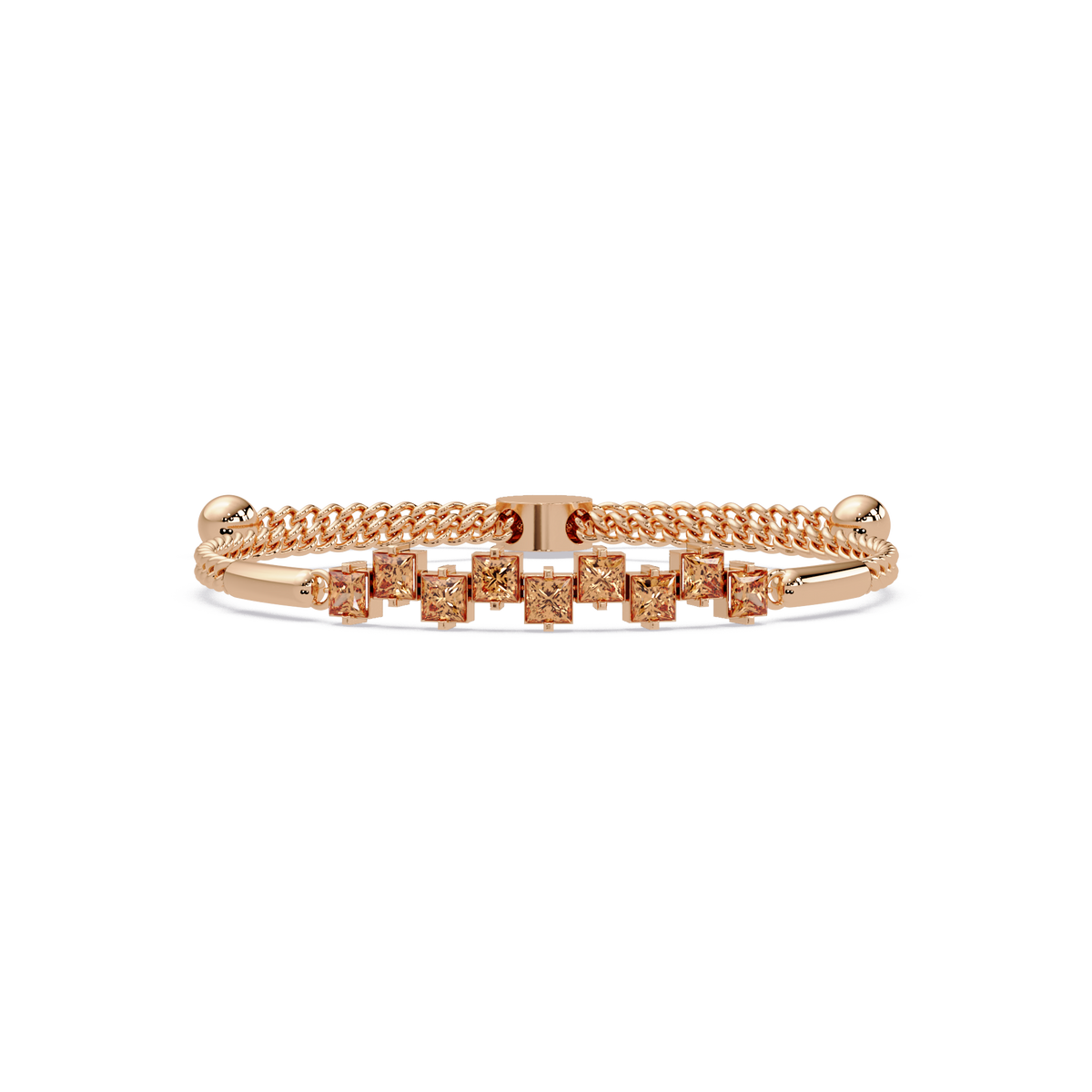 Nine princess-cut topaz colorstones in a rose gold chain-accent cuff bracelet