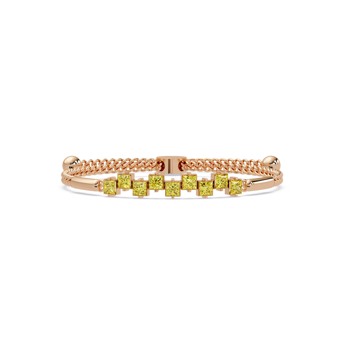 Nine princess-cut yellow colorstones in a rose gold chain-accent cuff bracelet