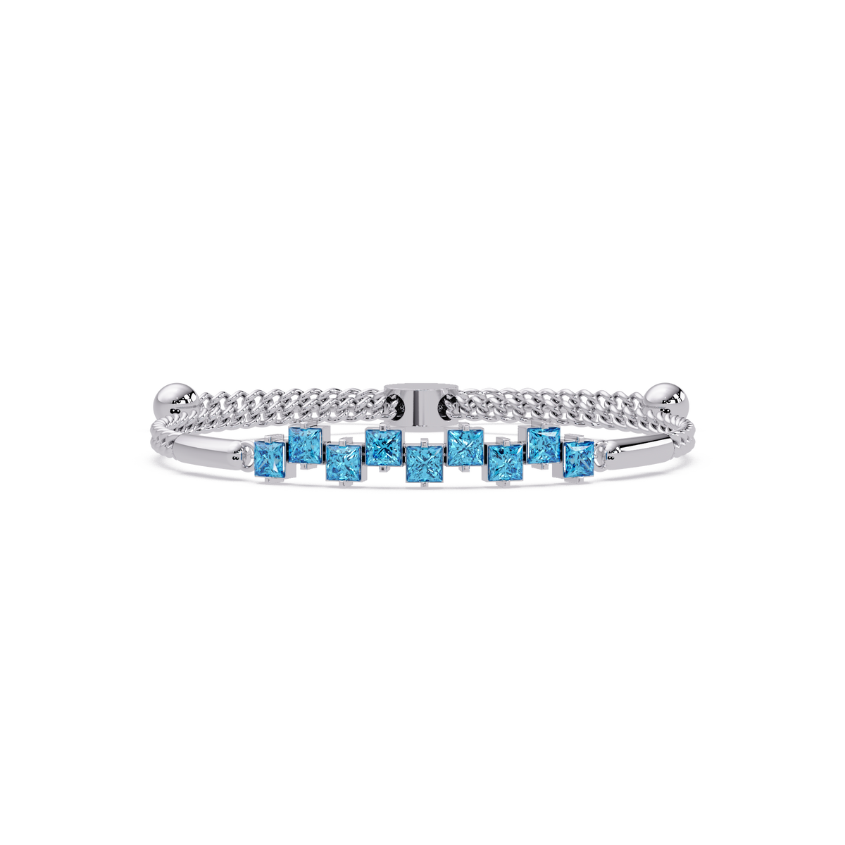 Nine princess-cut aquamarine colorstones in a white gold chain-accent cuff bracelet