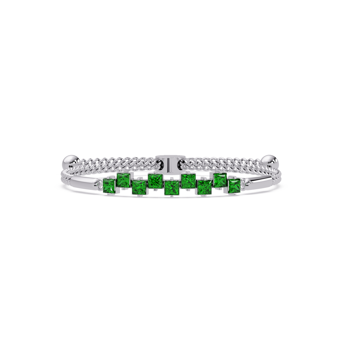 Nine princess-cut green colorstones in a white gold chain-accent cuff bracelet