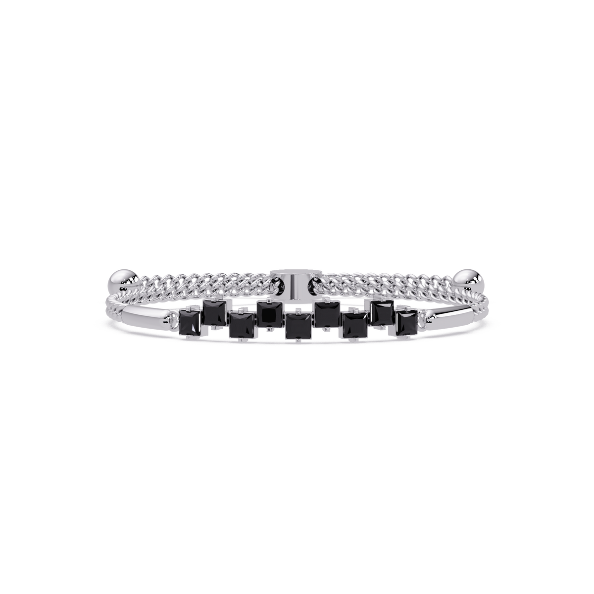 Nine princess-cut onyx colorstones in a white gold chain-accent cuff bracelet