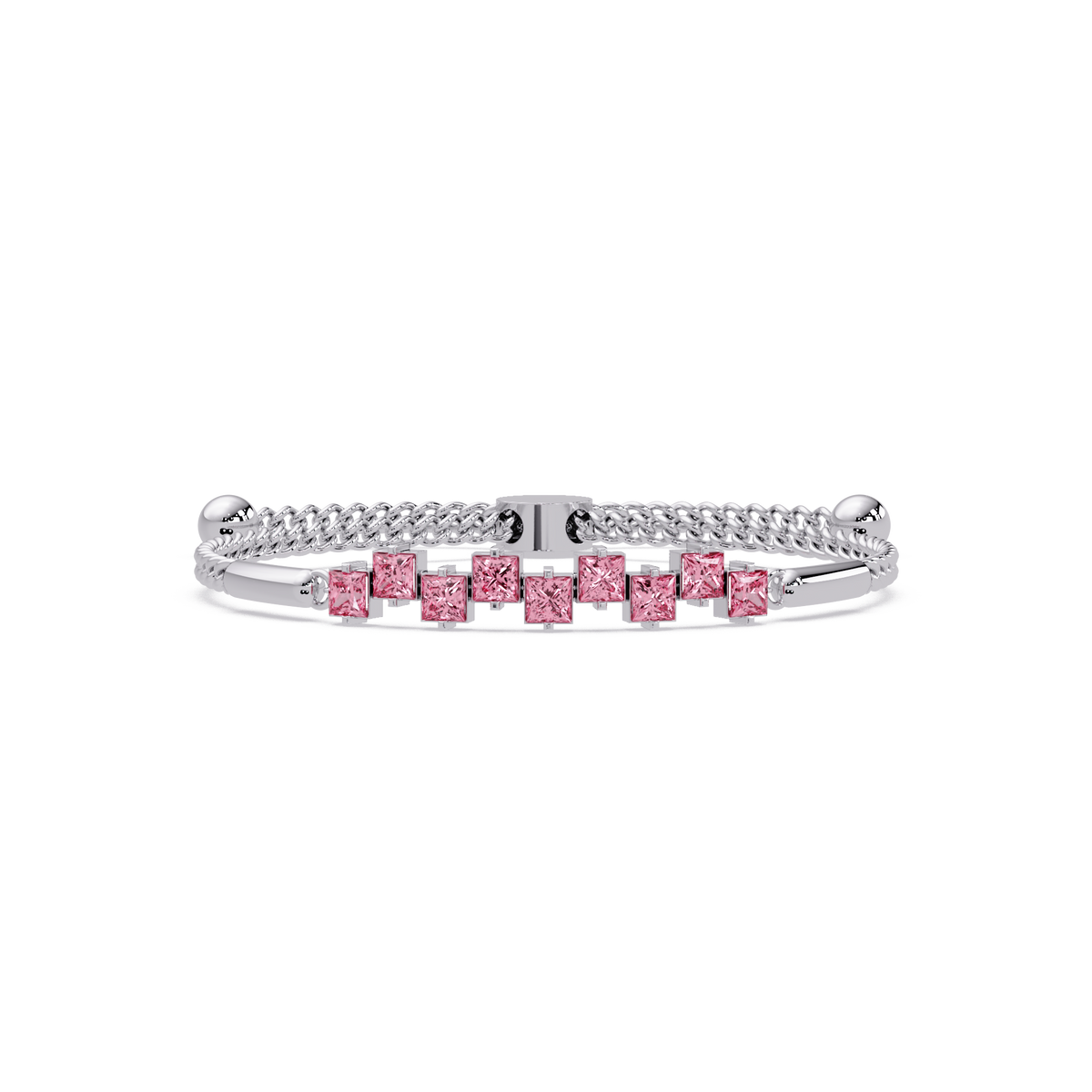 Nine princess-cut pink colorstones in a white gold chain-accent cuff bracelet