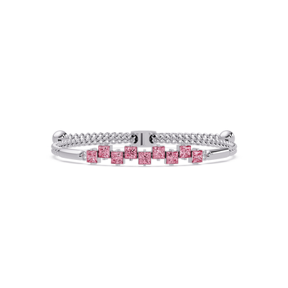 Nine princess-cut pink colorstones in a white gold chain-accent cuff bracelet