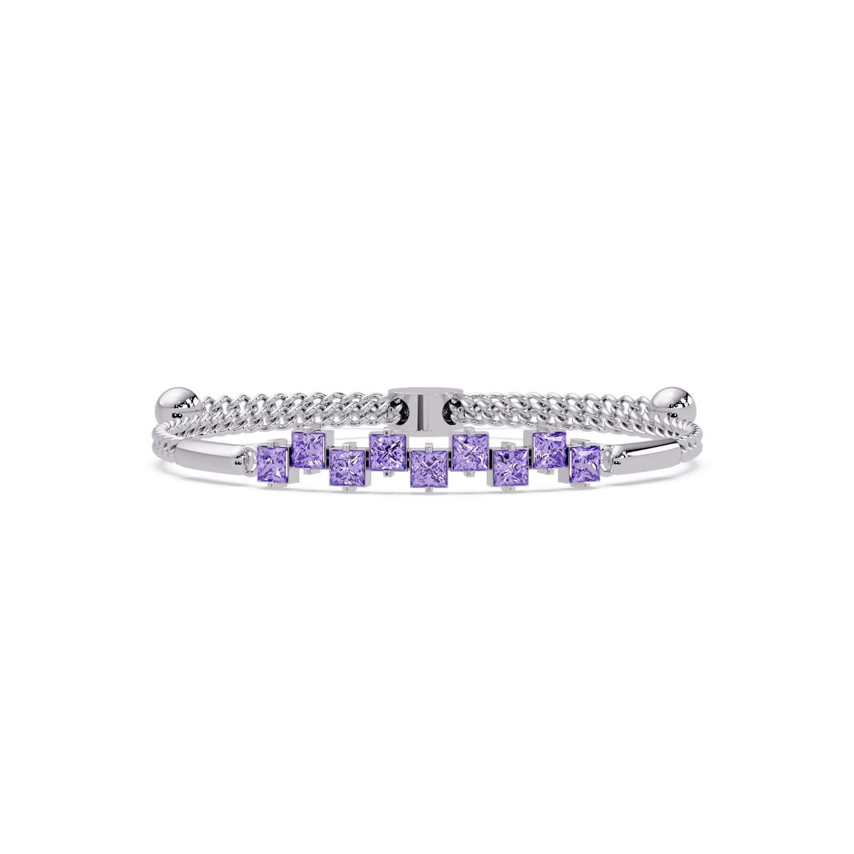 Nine princess-cut purple colorstones in a white gold chain-accent cuff bracelet