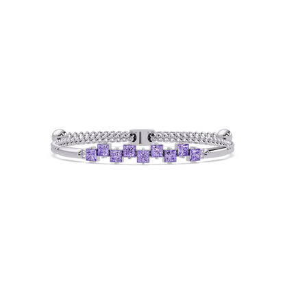 Nine princess-cut purple colorstones in a white gold chain-accent cuff bracelet