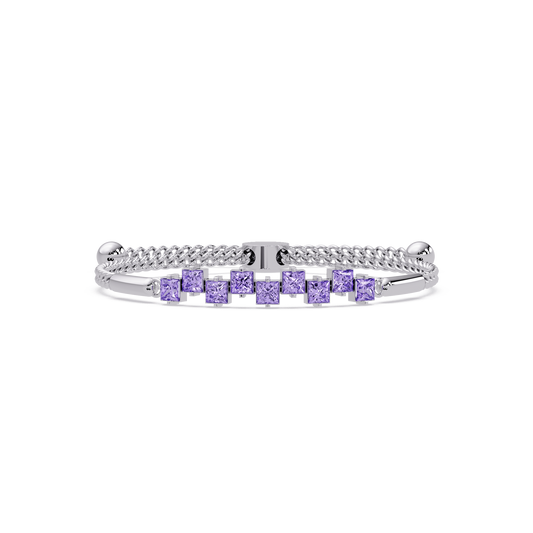 Nine princess-cut purple colorstones in a white gold chain-accent cuff bracelet