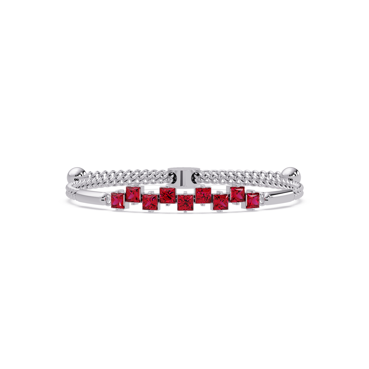 Nine princess-cut red colorstones in a white gold chain-accent cuff bracelet