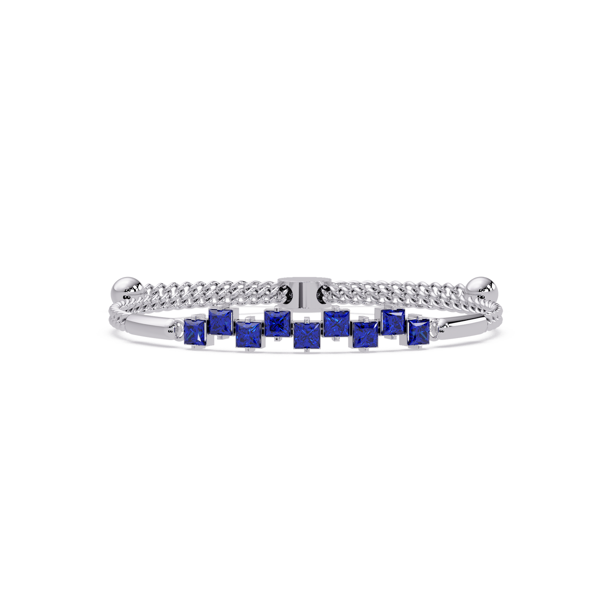Nine princess-cut sapphire colorstones in a white gold chain-accent cuff bracelet