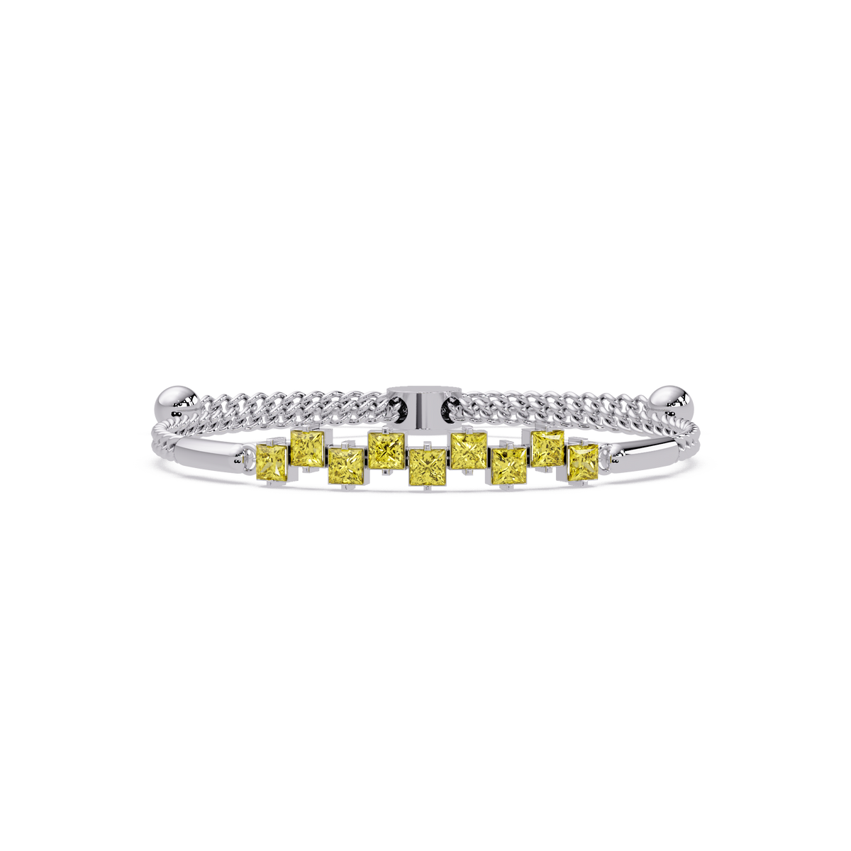 Nine princess-cut yellow colorstones in a white gold chain-accent cuff bracelet