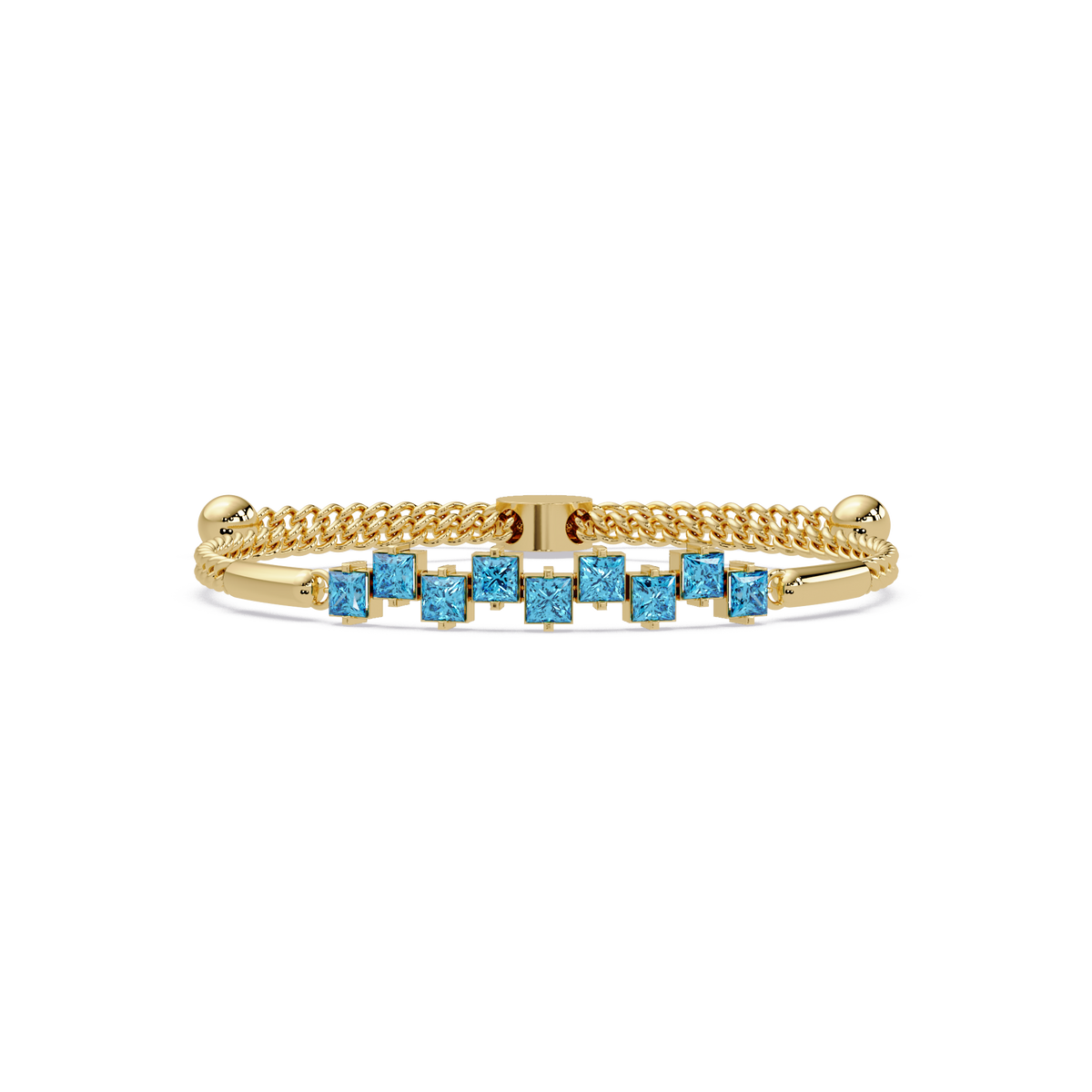 Nine princess-cut aquamarine colorstones in a yellow gold chain-accent cuff bracelet