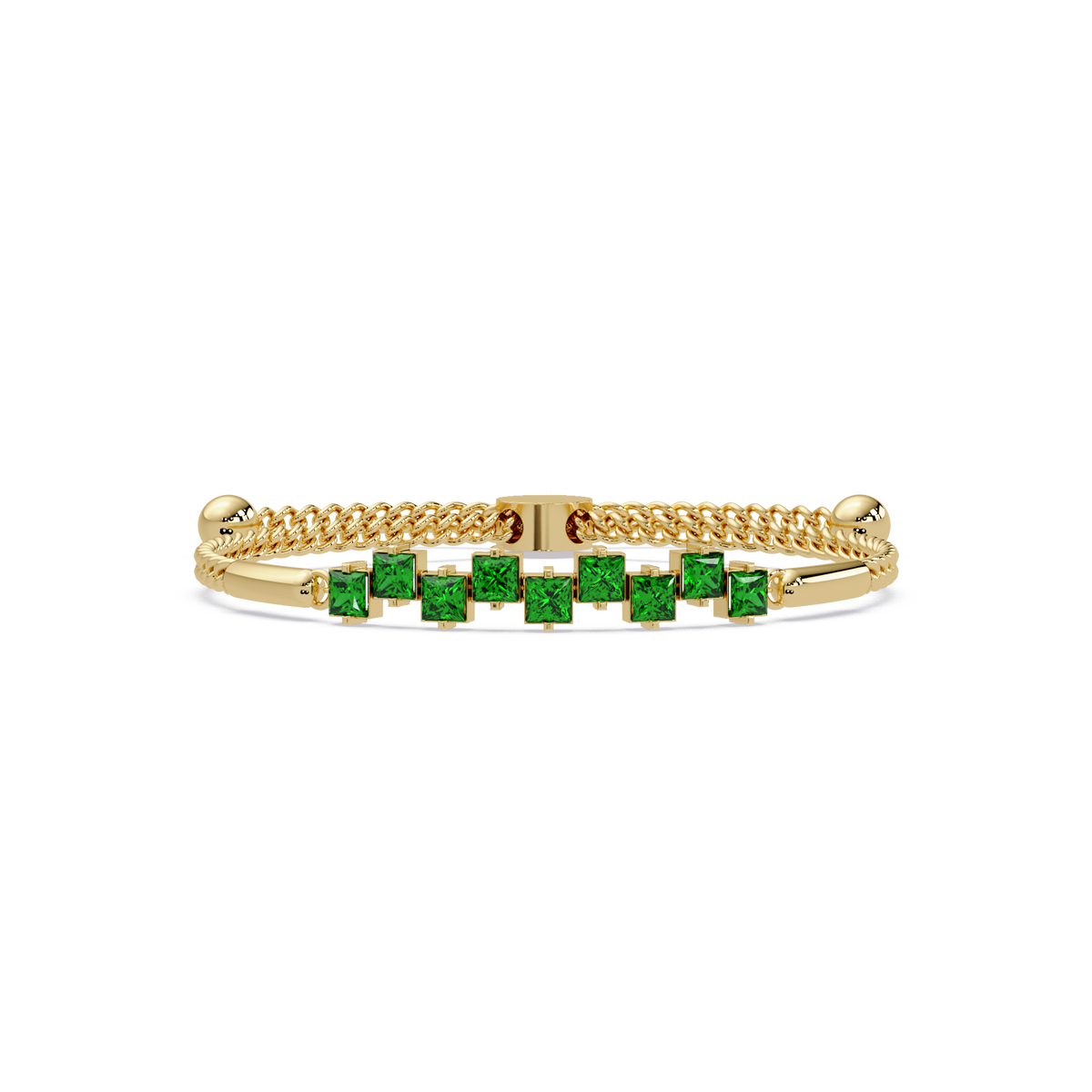 Nine princess-cut green colorstones in a yellow gold chain-accent cuff bracelet