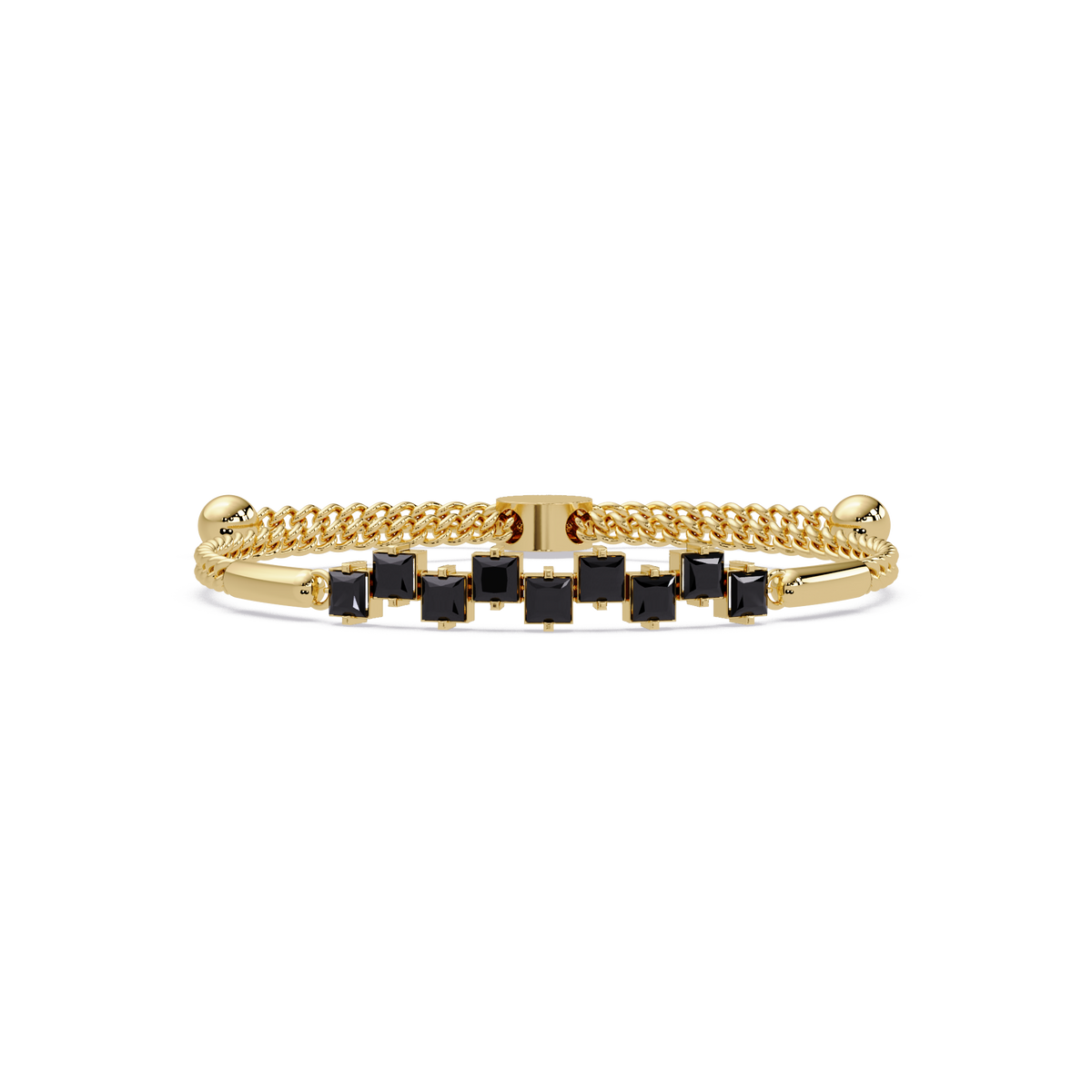 Nine princess-cut onyx colorstones in a yellow gold chain-accent cuff bracelet