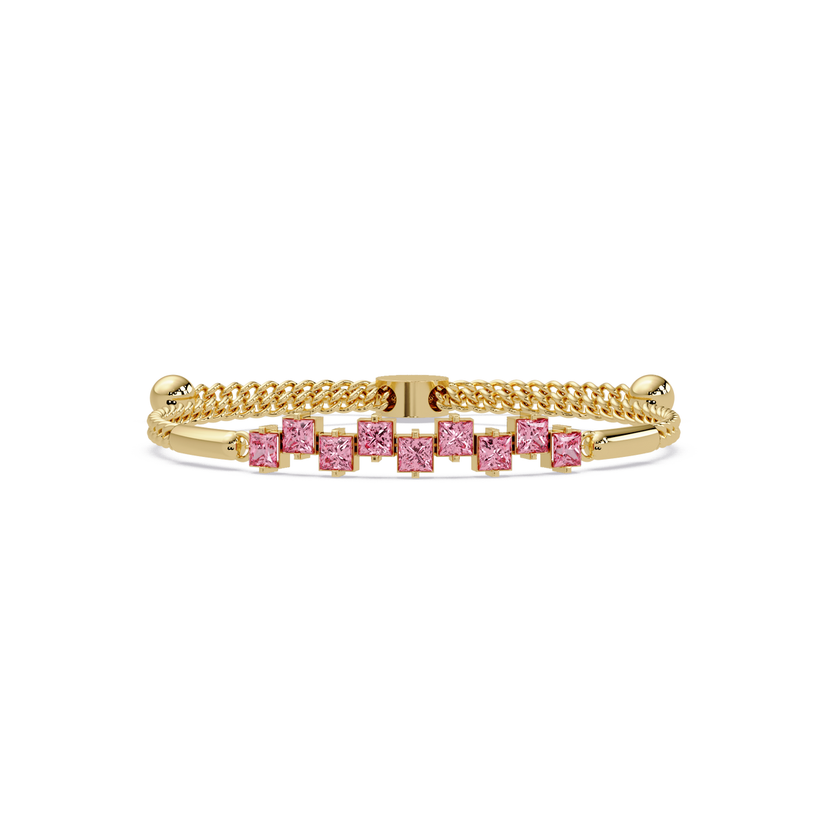 Nine princess-cut pink colorstones in a yellow gold chain-accent cuff bracelet