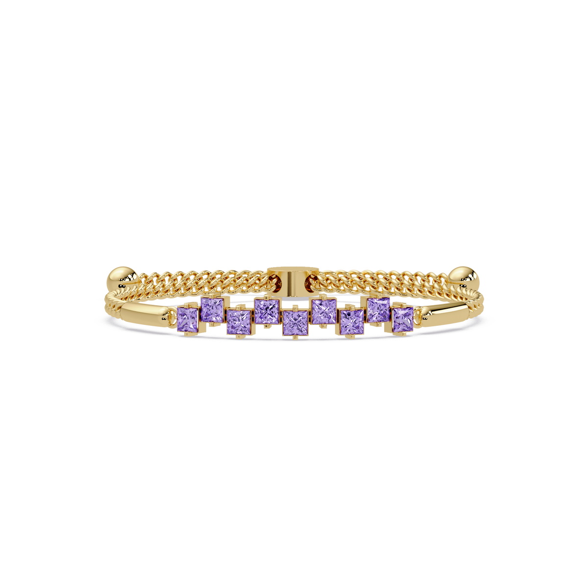 Nine princess-cut purple colorstones in a yellow gold chain-accent cuff bracelet