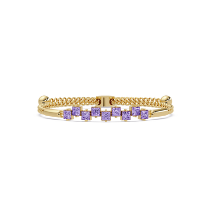 Nine princess-cut purple colorstones in a yellow gold chain-accent cuff bracelet