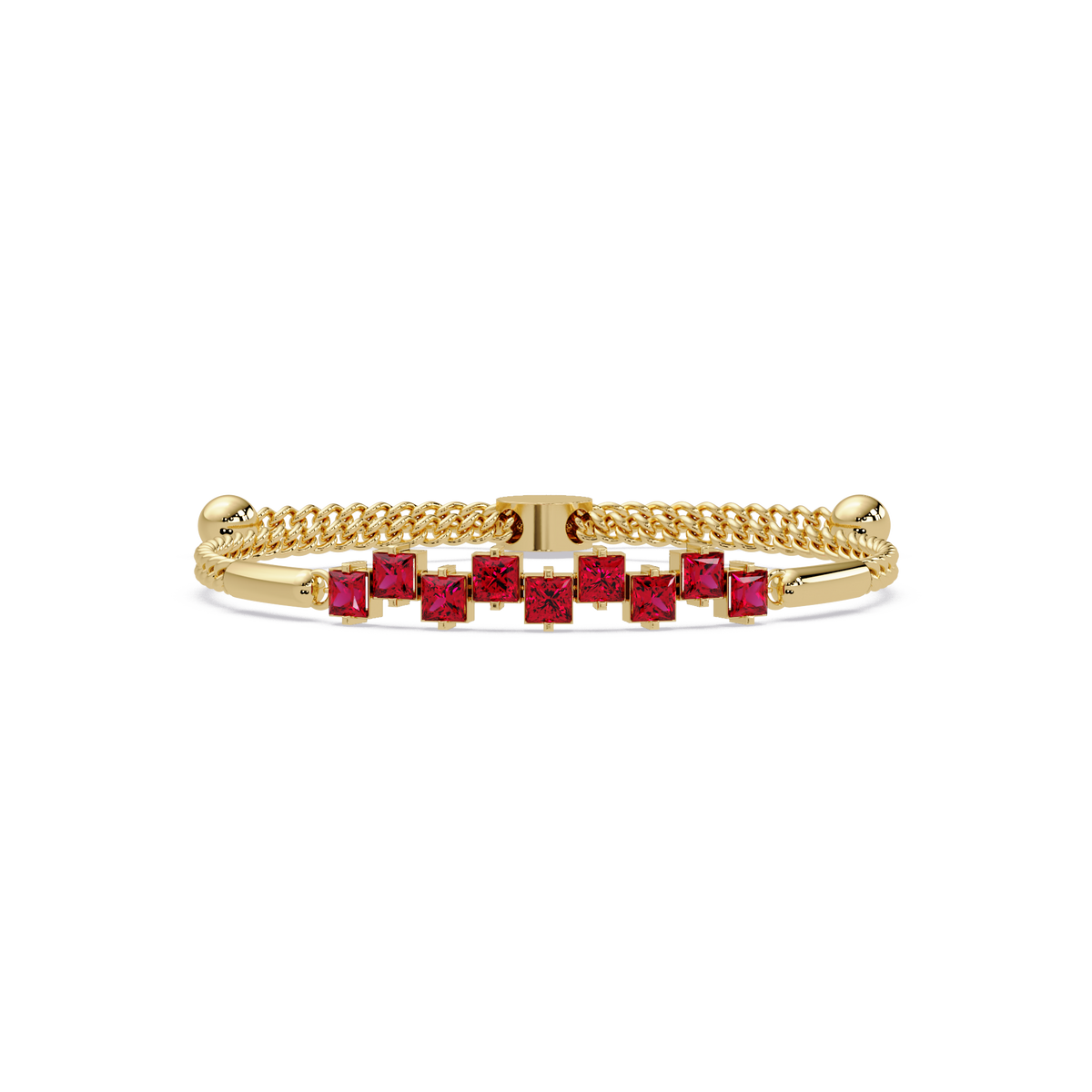 Nine princess-cut red colorstones in a yellow gold chain-accent cuff bracelet
