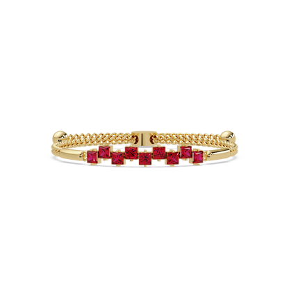 Nine princess-cut red colorstones in a yellow gold chain-accent cuff bracelet