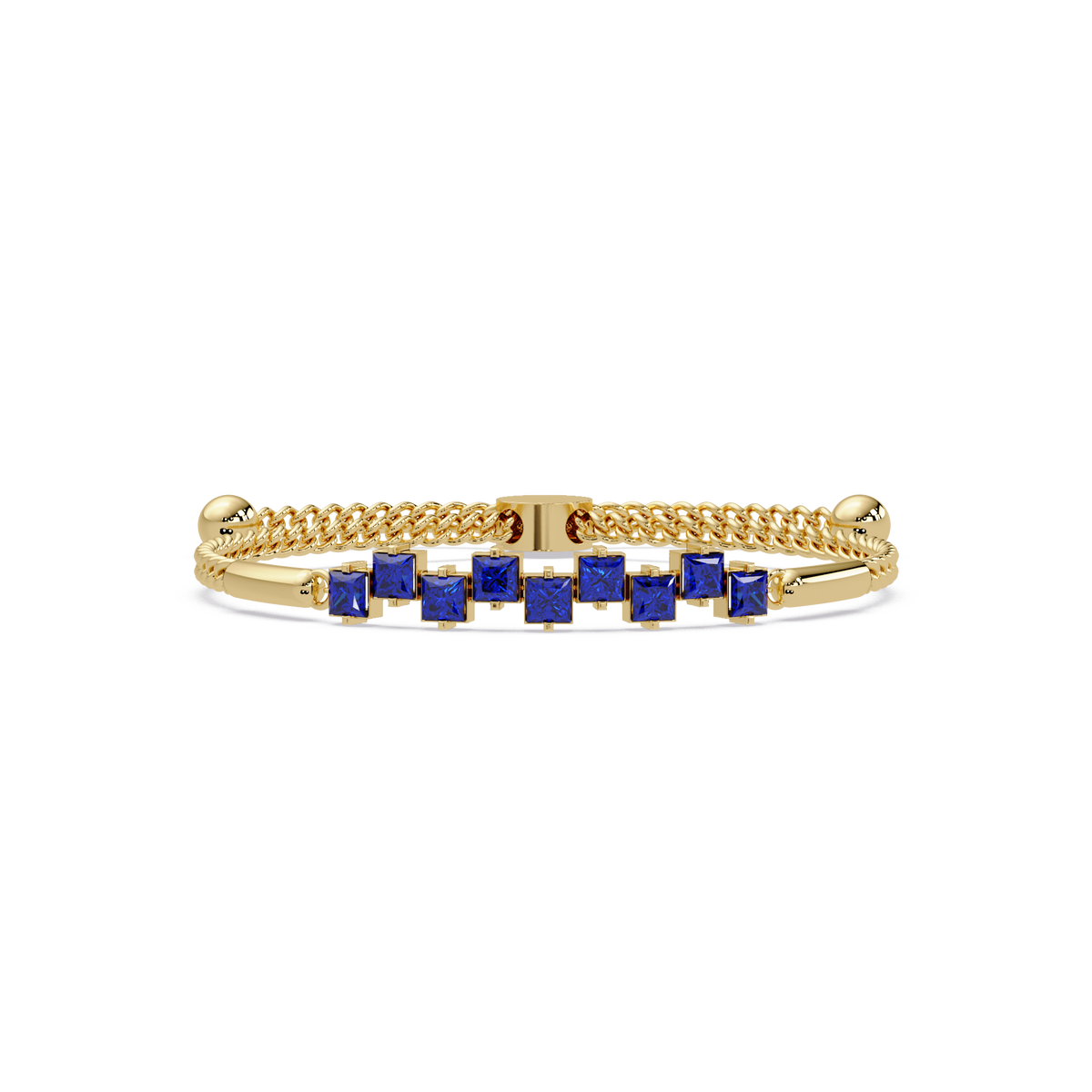 Nine princess-cut sapphire colorstones in a yellow gold chain-accent cuff bracelet