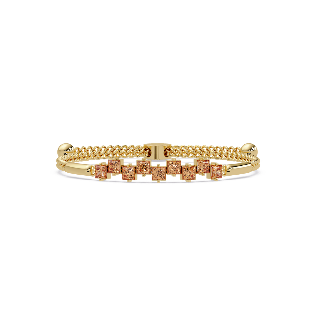Nine princess-cut topaz colorstones in a yellow gold chain-accent cuff bracelet