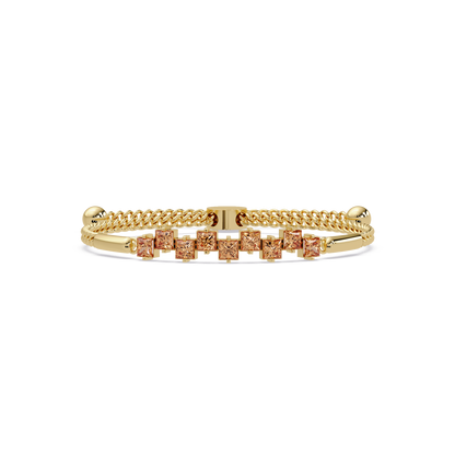 Nine princess-cut topaz colorstones in a yellow gold chain-accent cuff bracelet