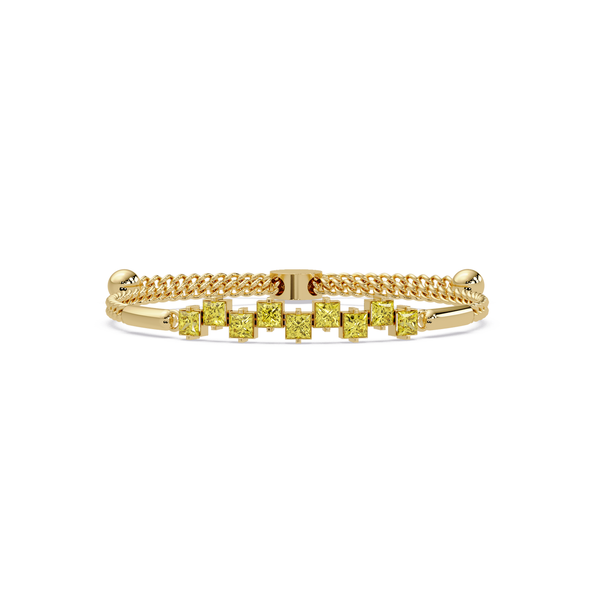 Nine princess-cut yellow colorstones in a yellow gold chain-accent cuff bracelet