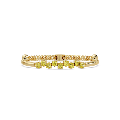 Nine princess-cut yellow colorstones in a yellow gold chain-accent cuff bracelet