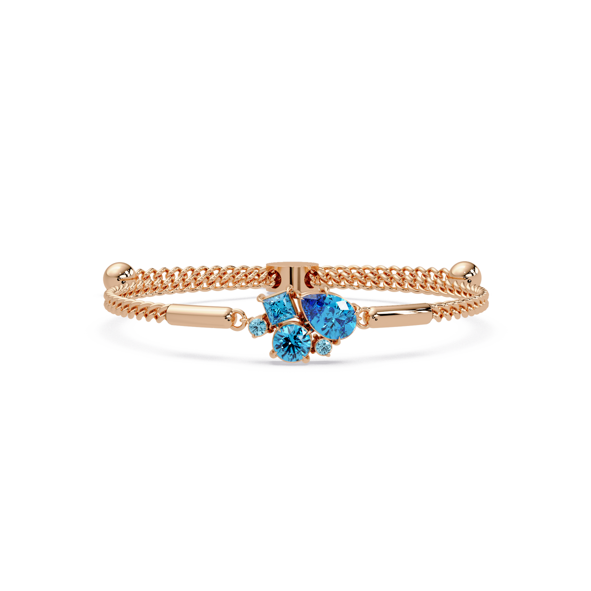 Mixed-cut five-stone colorstone open bangle with aquamarine stones in rose gold
