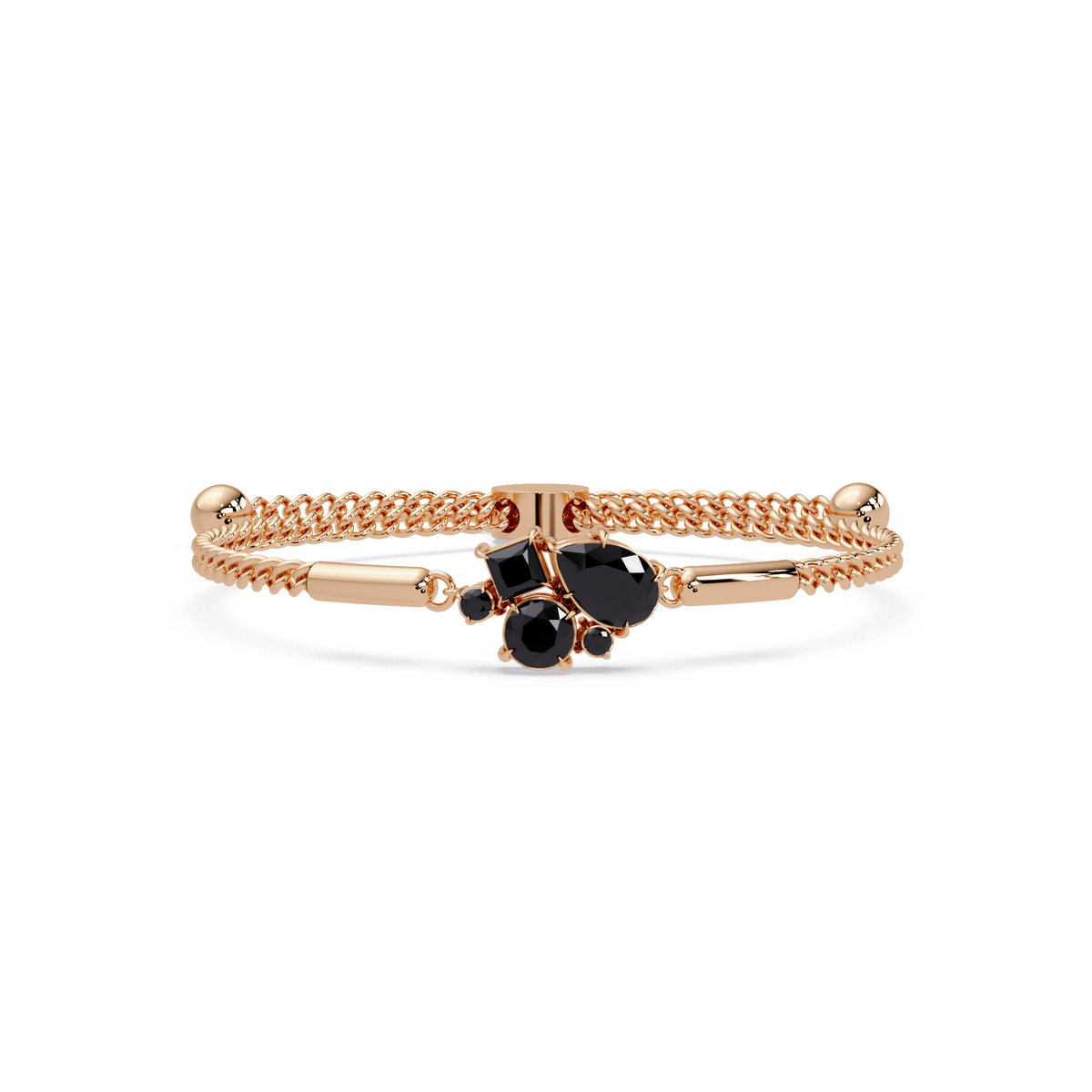 Mixed-cut five-stone colorstone open bangle with onyx stones in rose gold