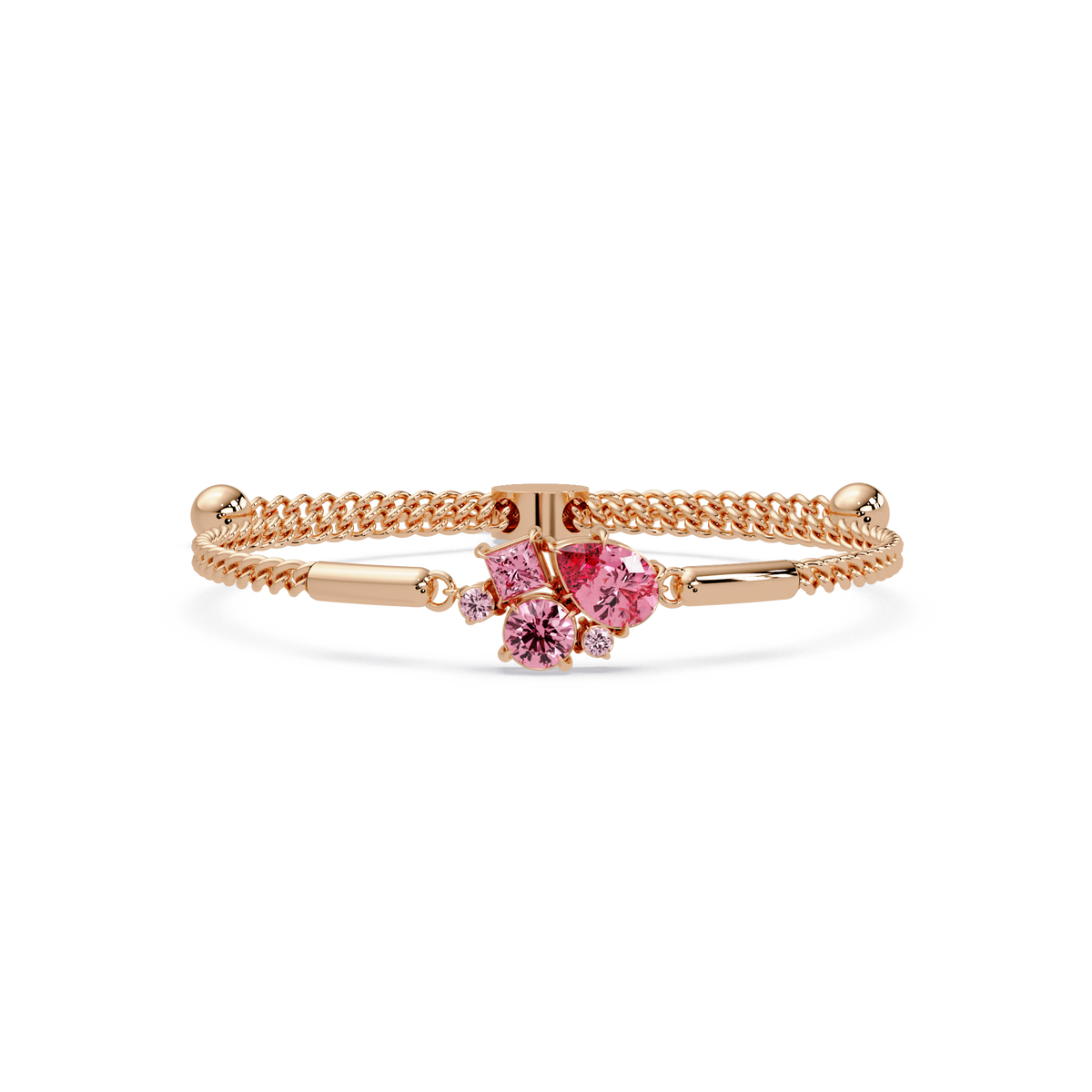 Mixed-cut five-stone colorstone open bangle with pink stones in rose gold
